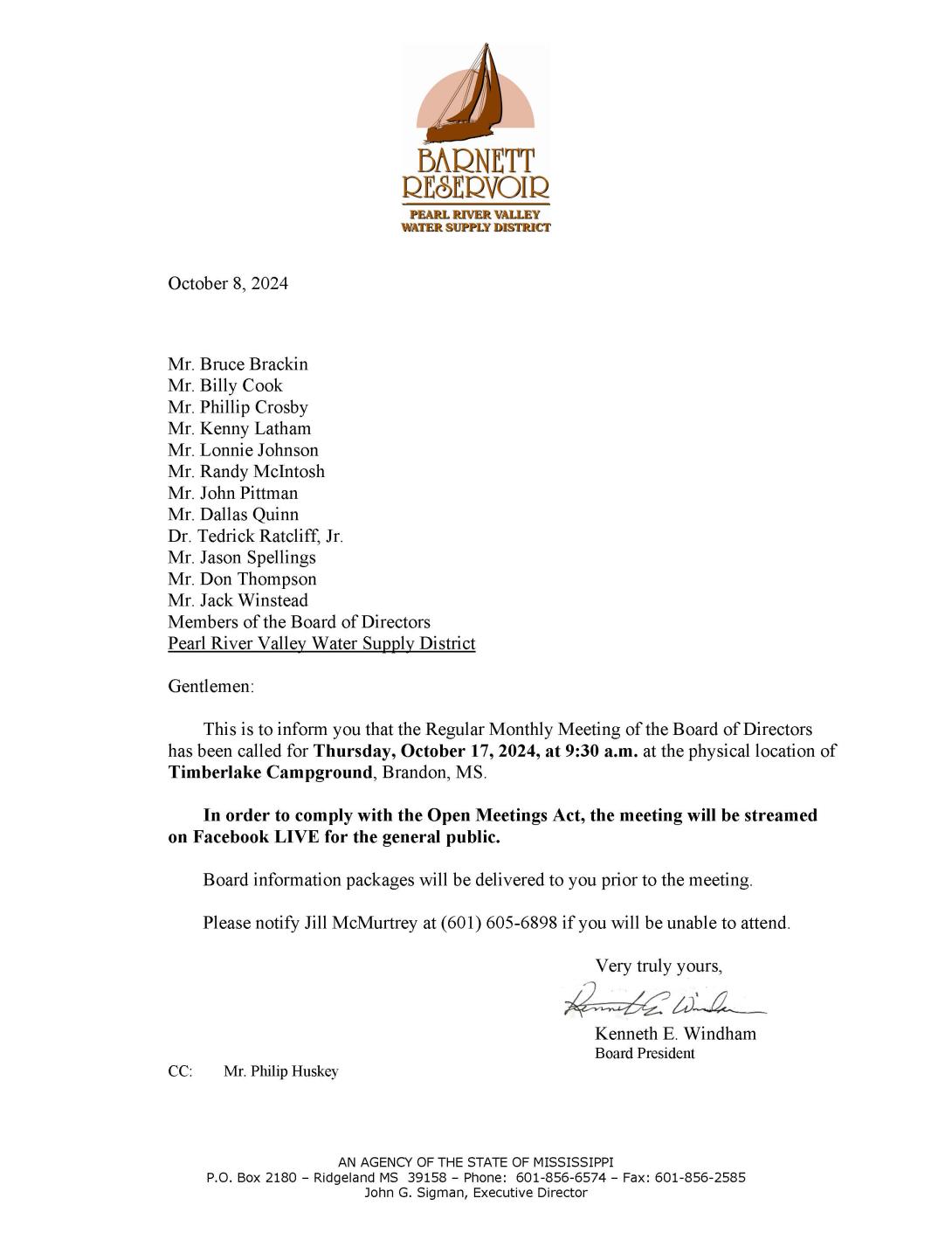 October 2024 Board of Directors Meeting Call Letter